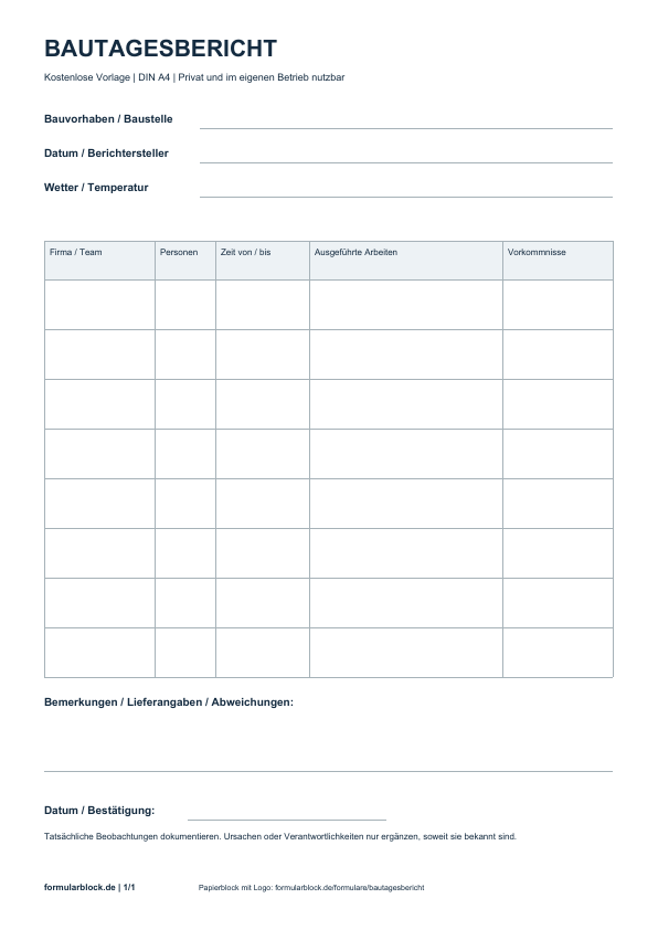 Bautagesbericht: kostenlose PDF-Vorlage