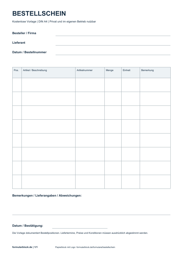 Bestellschein: kostenlose PDF-Vorlage