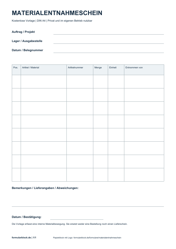 Materialentnahmeschein: kostenlose PDF-Vorlage