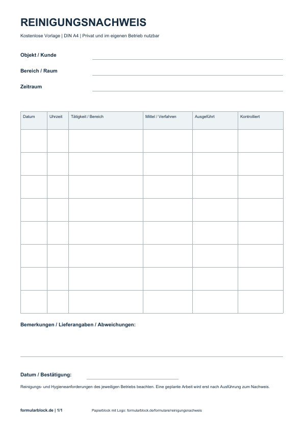 Reinigungsnachweis: kostenlose PDF-Vorlage