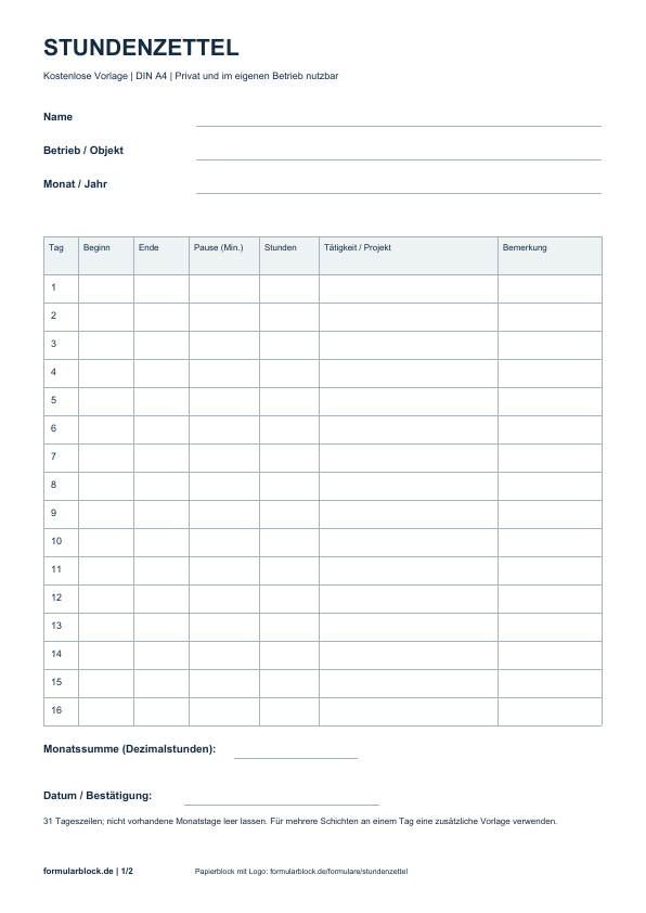 Stundenzettel: kostenlose PDF-Vorlage