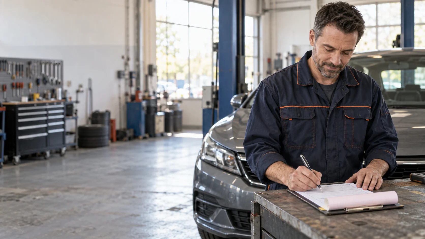 Werkstattmitarbeiter dokumentiert eine Reparatur