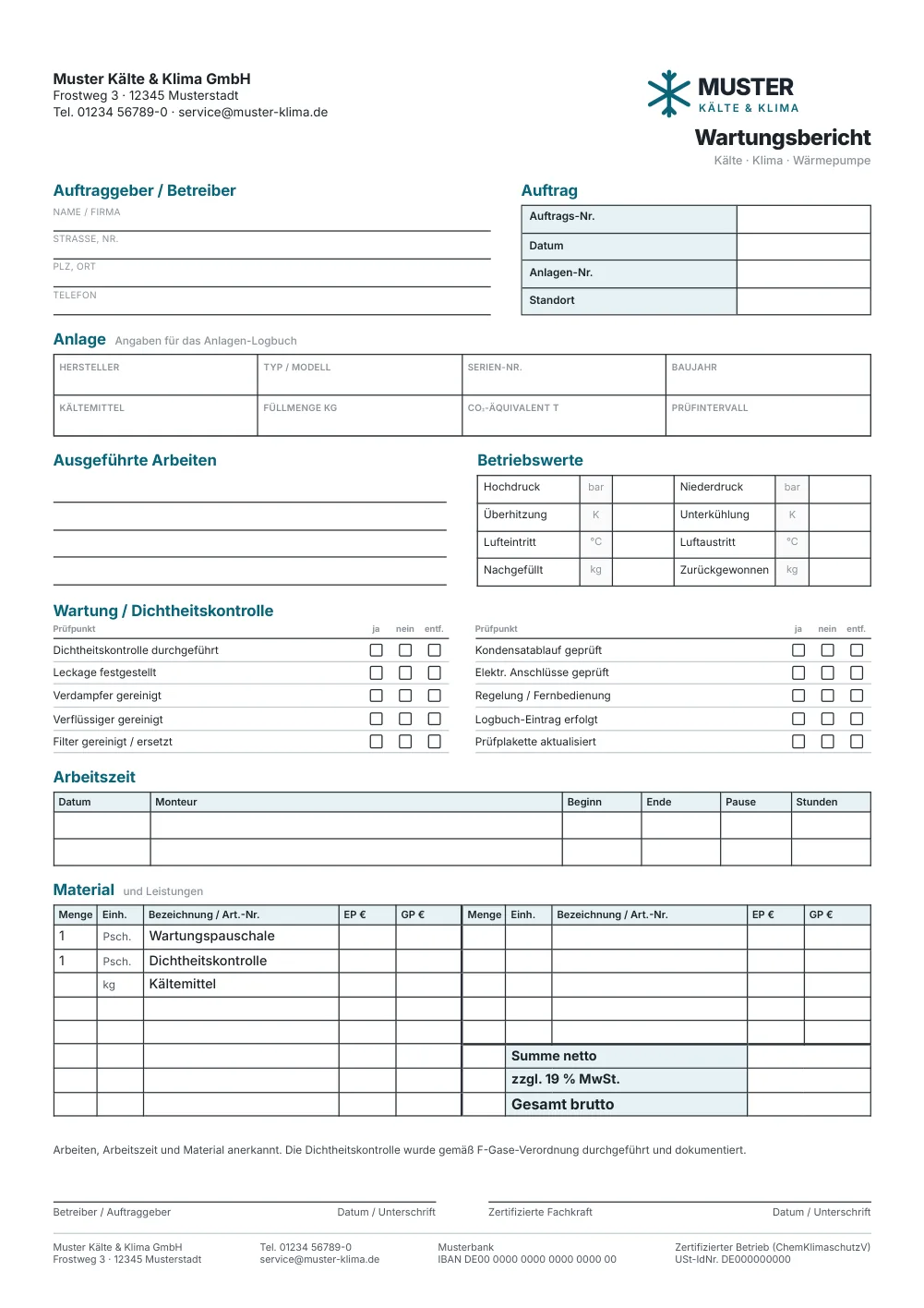 Wartungsbericht Kälte / Klima – Gestaltungsmuster